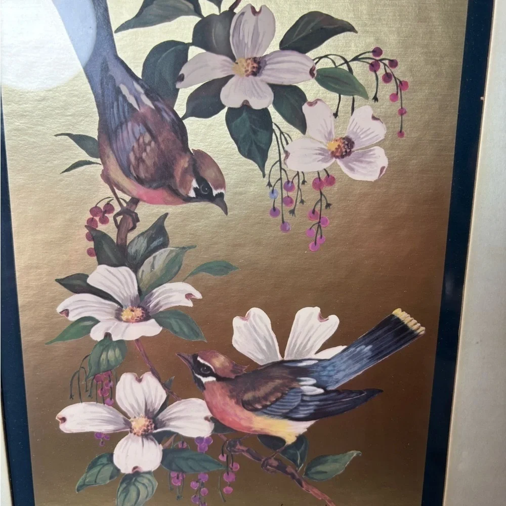 Vintage Birds on Dogwood Wall Art Brown Frame William Whiteside